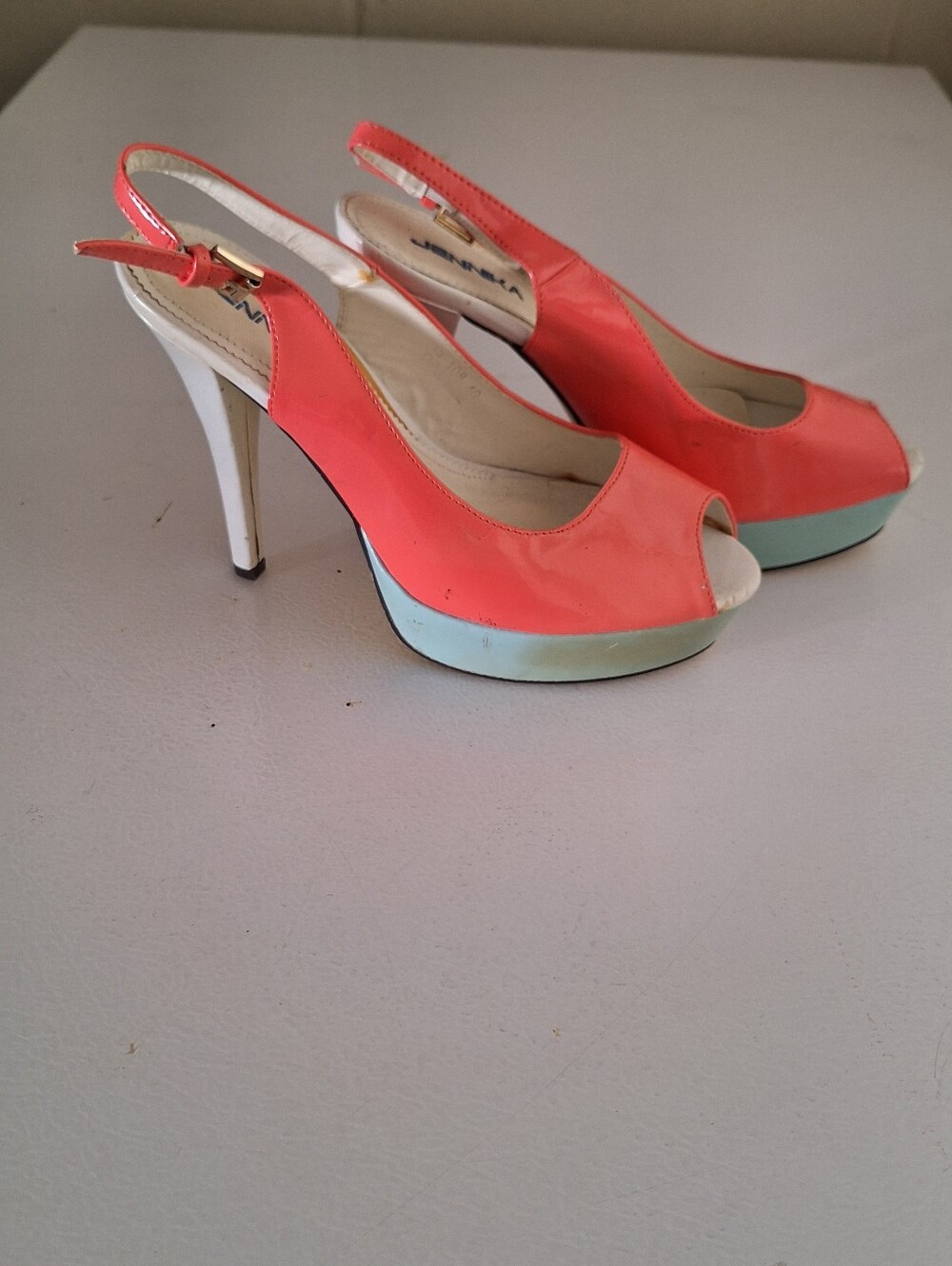 Coral Slingback Peep-Toe Platform Heels by